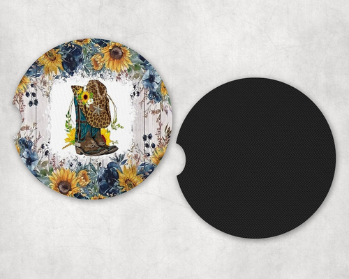 Sunflower Cowboy Boots|Car Coaster Set