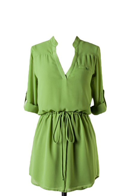 Quarter Sleeves V-cut dress with banded waist Green