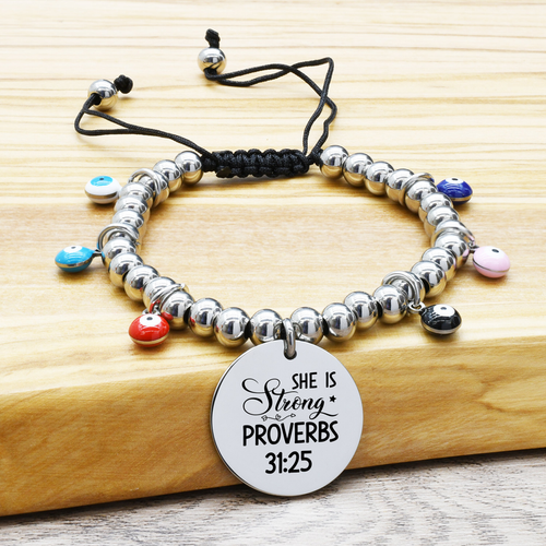 Adjustable Evil Eye Inspirational Beaded Bracelets - 23.TIE.EE.22MM-SVG-SHEISSTRONG