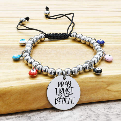 Adjustable Evil Eye Inspirational Beaded Bracelets - 23.TIE.EE.22MM-SVG-PRAYTRUSTWAITREPEAT