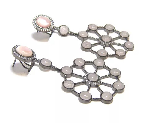 Rose Quartz & Mother Of Pearl Circle Dangle Earrings, 925 Sterling Silver