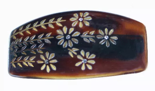 Engraved Barrette Tortoise Shell With Stone - 111-08
