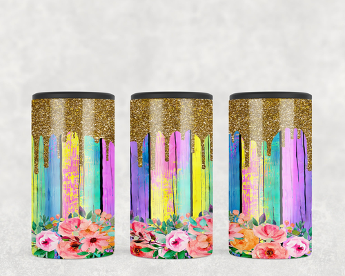 Rainbow Floral faux glitter Drip   Steel can hugger - optional speaker
