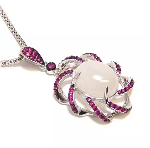 White Jade, Ruby Color Dangle Pendant, 925 Sterling Silver