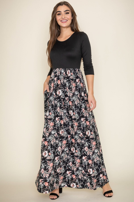3/4 Sleeve Contrast Floral Maxi Dress - 1Eloges03