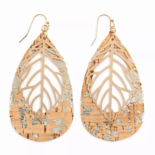 Cork Pattern Teardrop With Metal Leaf Filigree Earrings ( VARIETY OF COLORS AVAILABLE ) By DOBBI Cork Pattern Teardrop With Metal Leaf Filigree Earrings ( VARIETY OF COLORS AVAILABLE ) By DOBBI