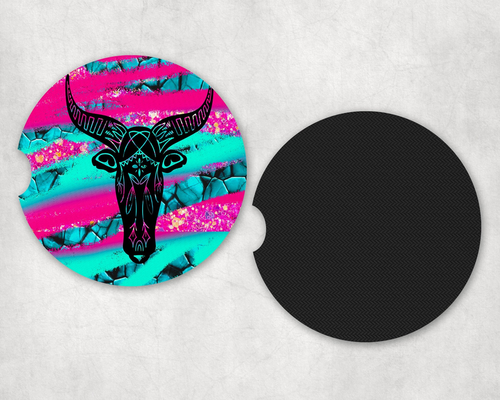Neon Bull Skull |Car Coaster Set