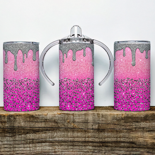 Pink Leopard faux glitter Drip Insulated Kids Dual Lid Sippy Cup Tumbler