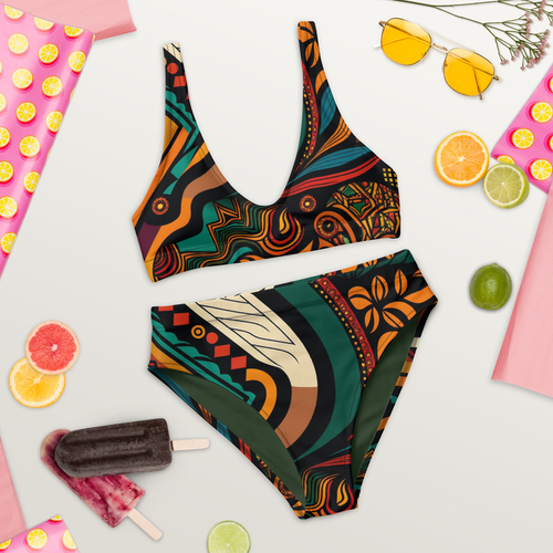 Green and Yellow Safari African Print High-Waisted Recycled Two Piece Swimwear for Women - S002472B002689P000961V000