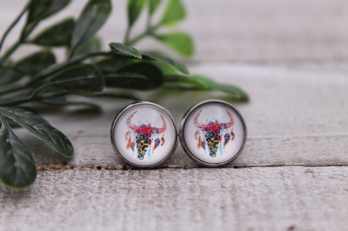 Floral Leopard Steer Skull || 12mm Glass Stud Earrings