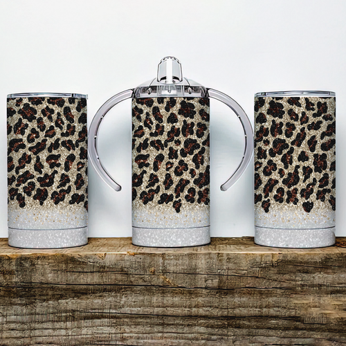 White faux glitter Leopard Print Insulated Kids Dual Lid Sippy Cup Tumbler