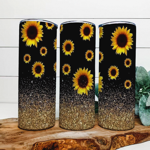 Sunflower Gold faux glitter|Skinny Tumbler|Optional Bluetooth Speaker| Speaker Color Varies