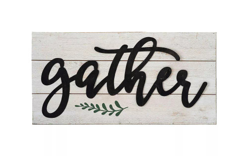 Gather Rustic Metal 3D Quote on White Wood Wall Decor Sign Plaque 23.6 x 11.8 x 1.8 Inches (Gather)