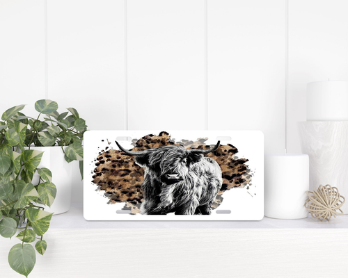 Leopard print highland Cow License Plate