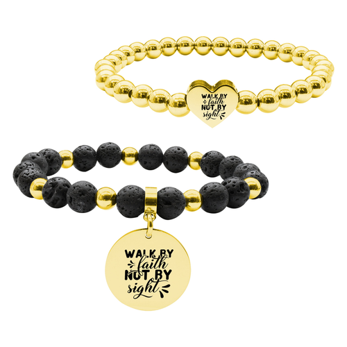 Pink Box 2 Piece Stackable Inspirational Bead Bracelets - SS6MMHRT.22MMLAVA-SVG.WALKBYFAITH-GLD