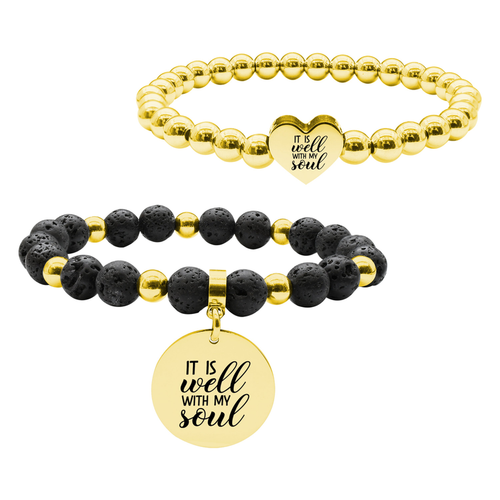 Pink Box 2 Piece Stackable Inspirational Bead Bracelets - SS6MMHRT.22MMLAVA-SVG.ITISWELLWITHMYSOUL-GLD