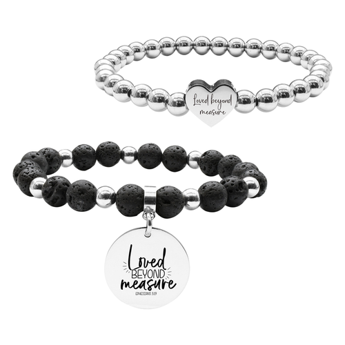 Pink Box 2 Piece Stackable Inspirational Bead Bracelets - SS6MMHRT.22MMLAVA-SVG.LOVEDBEYONDMEASURE-SLV