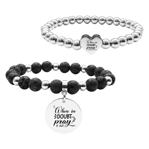 Pink Box 2 Piece Stackable Inspirational Bead Bracelets - SS6MMHRT.22MMLAVA-SVG.WHENINDOUBT-SLV