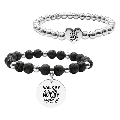 Pink Box 2 Piece Stackable Inspirational Bead Bracelets - SS6MMHRT.22MMLAVA-SVG.WALKBYFAITH-SLV