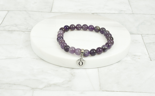Women's Natural Amethyst With Tiny Heart Intial Charm Bracelet By Pink Box - THRTAMETHYSTOLG