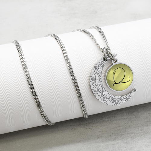 Pastel Yellow Love Mandala Moon Initial Cabochon Toggle Necklace - 23.MNCBO-CURB-SCRIP-Q-PASYLW