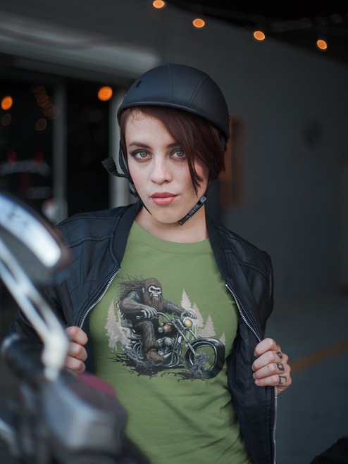 Biker Bigfoot on green t-shirt - Biker Squatch Collection - SqBik522