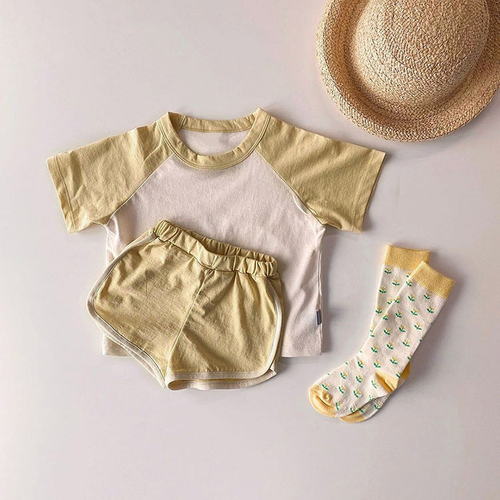 Baby Boys And Girls Color Patchwork Design Round Neck Short-Sleeved Top Combo Shorts Summer Cotton Sets - S002469B002707P000201V005
