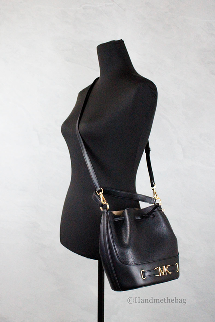 Michael Kors Reed Medium Black Leather Belted Bucket Messenger