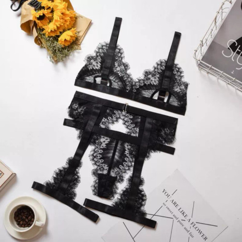 La Belle Fantastique Satin And Eyelash Lace With Garter Belt And G-String (3 Piece Set) - S001102B001797P000158V002