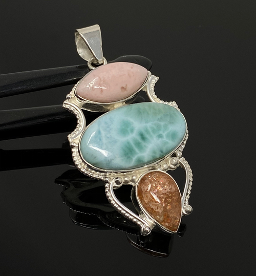 Gemstone Pendant - Larimar, Sunstone and Pink Opal, Wire Wrapped Pendant, Silver Jewelry Gifts for Her, Bohemian Jewelry