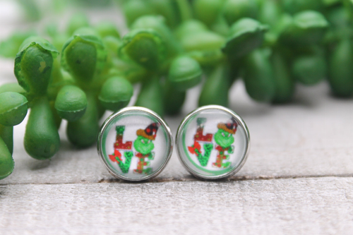 LOVE Grinch || Glass Stud Earrings || Hypoallergenic