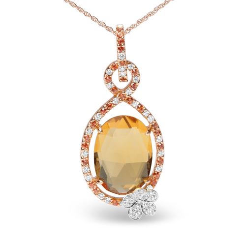 18K Rose Gold 1/5 Cttw Diamond and Oval Yellow Citrine and Round Orange Sapphire Gemstone Openwork Halo Teardrop with Flower Design 18" Pendant Necklace (G-H Color, SI1-SI2 Clarity) 18K Rose Gold 1/5 Cttw Diamond and Oval Yellow Citrine and Round Orange Sapphire Gemstone Openwork Halo Teardrop with Flower Design 18" Pendant Necklace (G-H Color, SI1-SI2 Clarity)