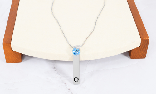 Initial Necklace With Aquamarine Austrian Crystals By Pink Box - 3 Colors - SWACZFLATBAROAQUASLV