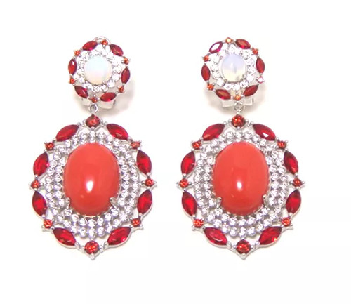 Shell Sea Coral, Garnet, Opal Dangle Earrings, 925 Sterling Silver