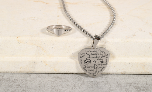Best Friend Heart Tag Necklace and Heart Puffed Initial Ring Set By Pink Box - HRTTAGUBESTFRIENDSLV