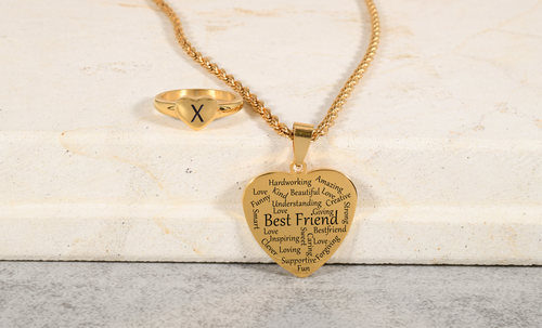 Best Friend Heart Tag Necklace and Heart Puffed Initial Ring Set By Pink Box - HRTTAGXBESTFRIENDGLD
