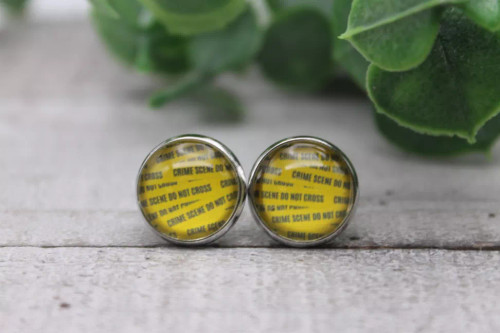 Crime Scene Tape  Glass Stud Earrings