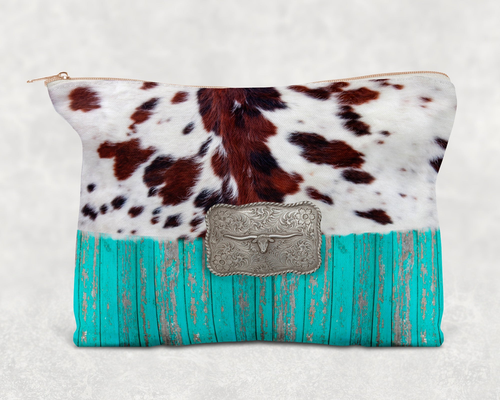 Faux Cowhide Wood Buckle  Printed Canvas Zipper Bag