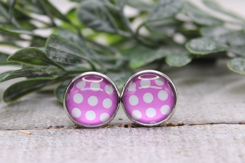 Polka Dots on Purple || Glass Stud Earrings || Hypoallergenic