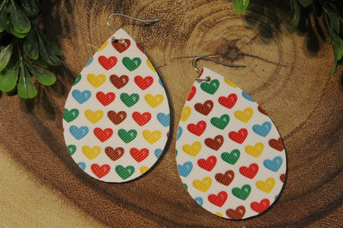 Colorful Hearts on White || Faux Leather Teardrop Dangle Earrings || Single-Sided