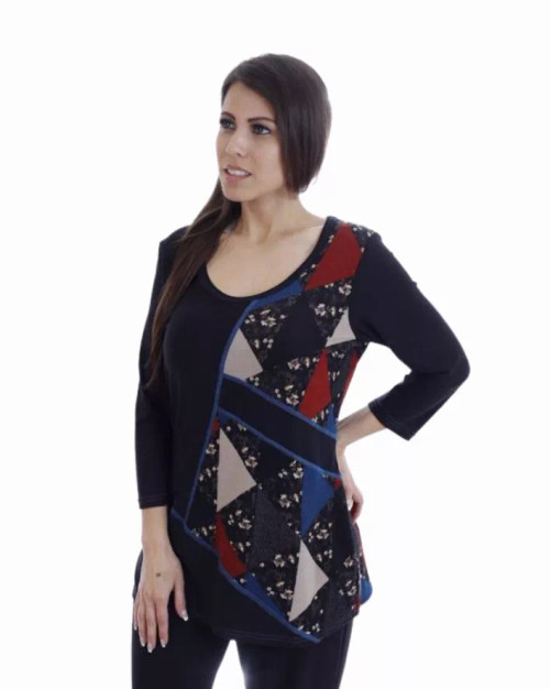 Color Block Plain And Print Combo Scoop Neck 3/4 Sleeve Tunic - S001372B002006P000139V024