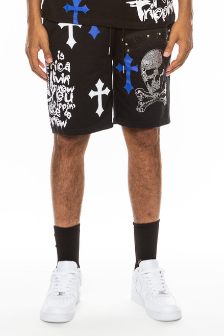Bejewelled Chrome Skull Shorts - EMS4107-BLKBLUE-2X