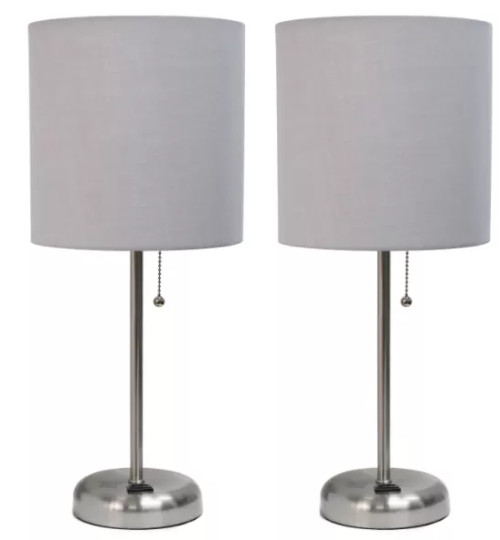 LimeLights Brushed Steel Stick Lamp with Charging Outlet and Fabric Shade (Set of 2) - S000288B001283P000097V004