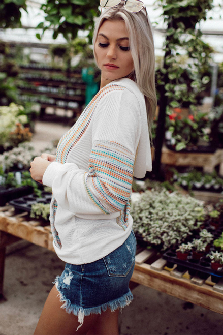 Josie Striped Patchwork V Neck Drop Shoulder Knit Hoodie - JosieVNeckKnitHoodie-Multicolor-XL