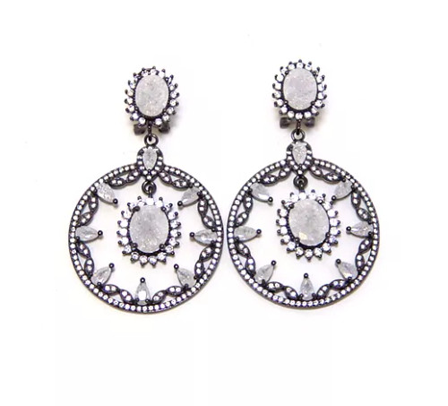 Multi-Stone White Crystal Color Circle Dangle Earrings in 925 Sterling Silver, Black Gold