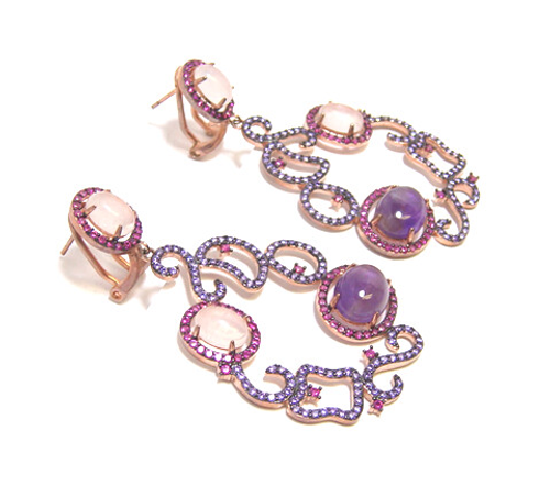 Amethyst, Rose Quartz Dangle Earrings, 925 Sterling Silver, Rose Gold Embraced Amethyst, Rose Quartz Dangle Earrings, 925 Sterling Silver, Rose Gold Embraced