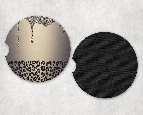 Leopard faux glitter Drip Neoprene Car Coaster Set