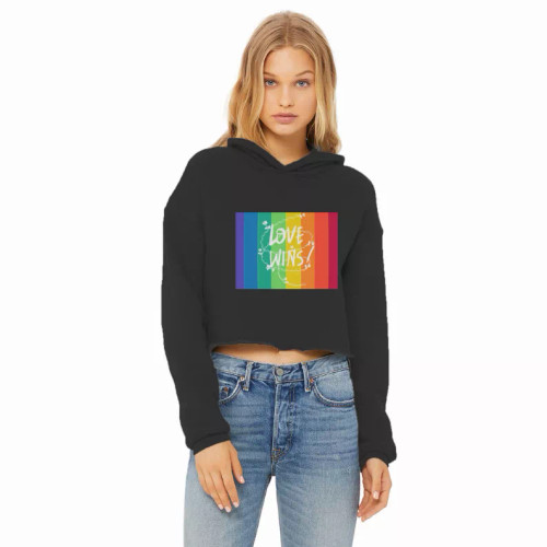 Love Wins Ladies Cropped Raw Edge Hoodie - DTG-CROPF-BLACK-XS-2