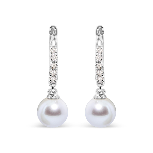 10K White Gold 6x6 MM Cultured Freshwater Pearl and Diamond Accent Drop Huggy Earring (H-I Color, I1-I2 Clarity)