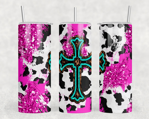 Pink Cow Print Cross|Skinny Tumbler|Optional Bluetooth Speaker| Speaker Color Varies